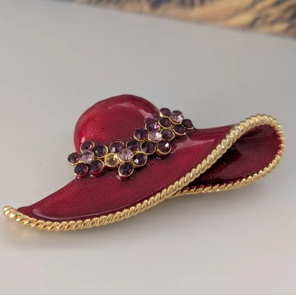 Vintage Red Hat Brooch with Gold Color Trim